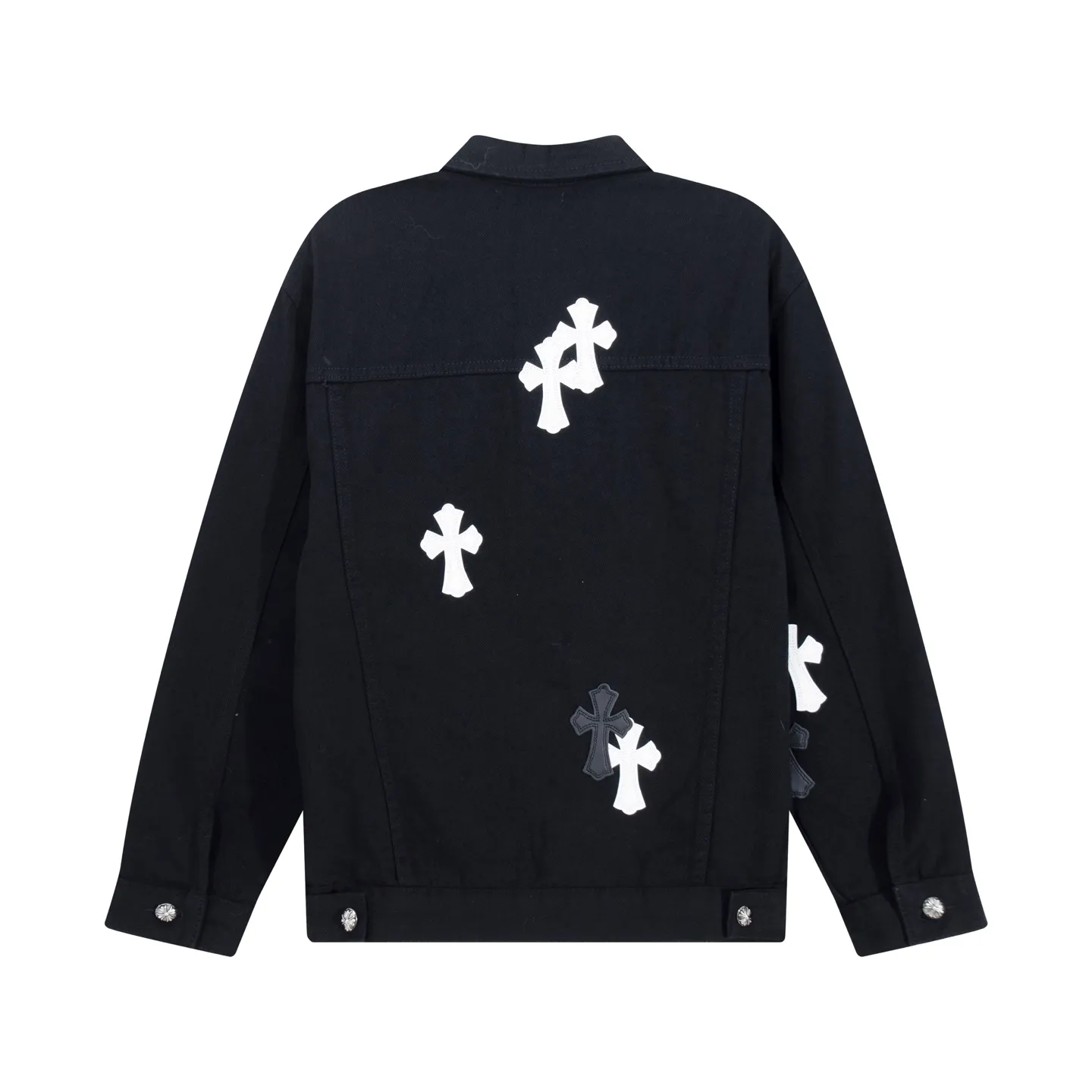 P310 Chrome Hearts Chrome Hearts leather cross-piece embroidered shirt denim jacket Color: black blue black Size: M L XL XXL XXXL